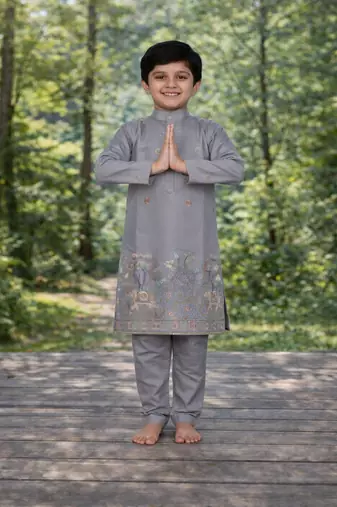 Grey color embroidery sequence work malai satin kurta payjama set