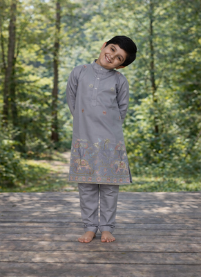 Grey color embroidery sequence work malai satin kurta payjama set 4