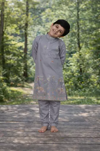 Grey color embroidery sequence work malai satin kurta payjama set