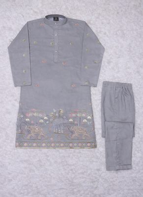 Grey color embroidery sequence work malai satin kurta payjama set 5