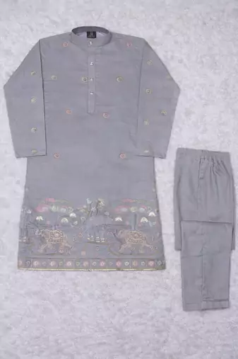 Grey color embroidery sequence work malai satin kurta payjama set