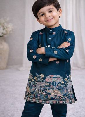 Teal color embroidery sequence work malai satin kurta payjama set 1
