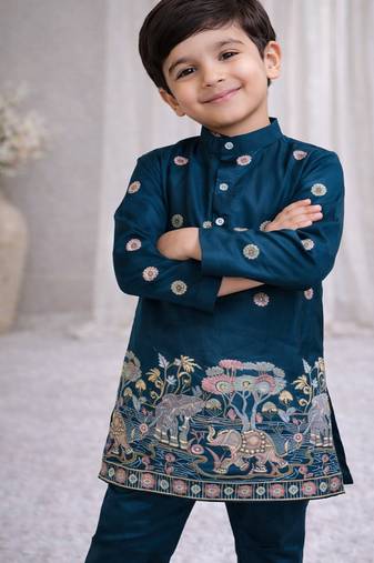 Teal color embroidery sequence work malai satin kurta payjama set