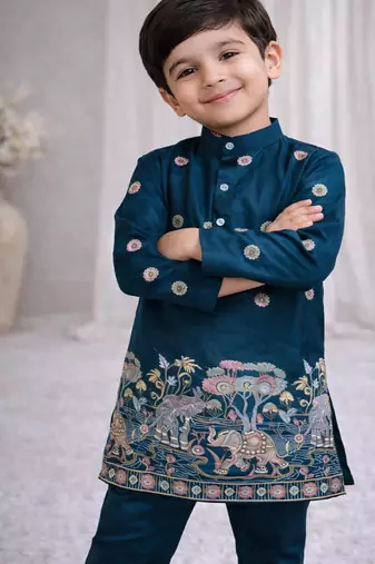 Teal color embroidery sequence work malai satin kurta payjama set