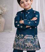 Teal color embroidery sequence work malai satin kurta payjama set