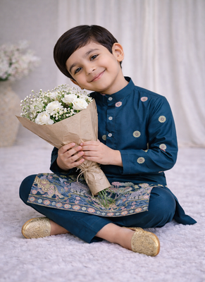 Teal color embroidery sequence work malai satin kurta payjama set 2