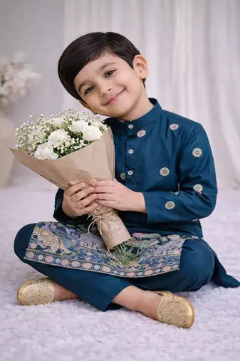 Teal color embroidery sequence work malai satin kurta payjama set