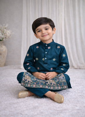 Teal color embroidery sequence work malai satin kurta payjama set 3