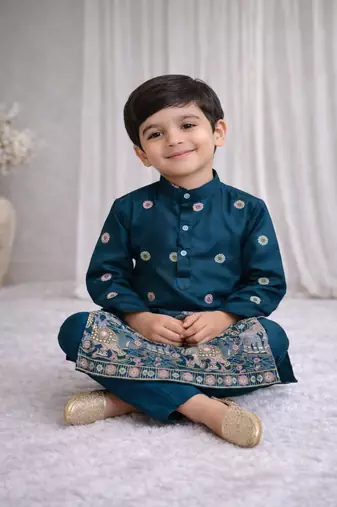 Teal color embroidery sequence work malai satin kurta payjama set