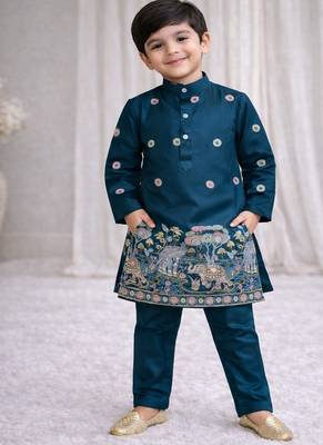 Teal color embroidery sequence work malai satin kurta payjama set 4
