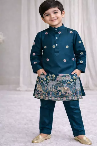 Teal color embroidery sequence work malai satin kurta payjama set