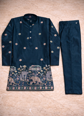 Teal color embroidery sequence work malai satin kurta payjama set 5