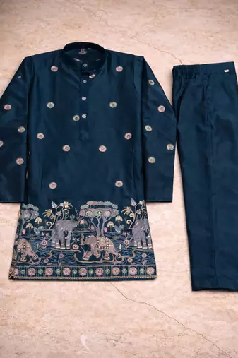 Teal color embroidery sequence work malai satin kurta payjama set