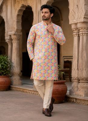 White color printed cotton kurta payjama set 1