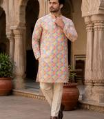 White color printed cotton kurta payjama set