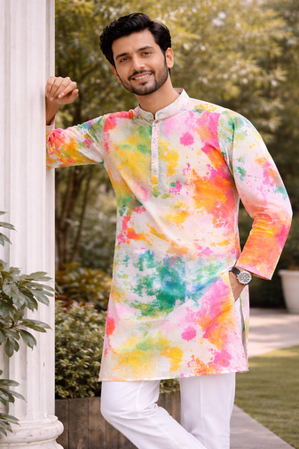 White color printed cotton kurta payjama set