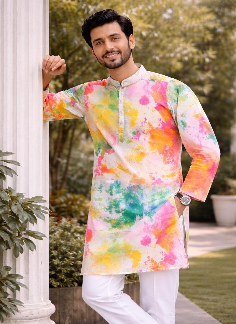 White color printed cotton kurta payjama set