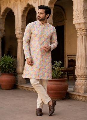 White color printed cotton kurta payjama set 2