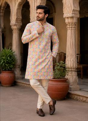 White color printed cotton kurta payjama set 4