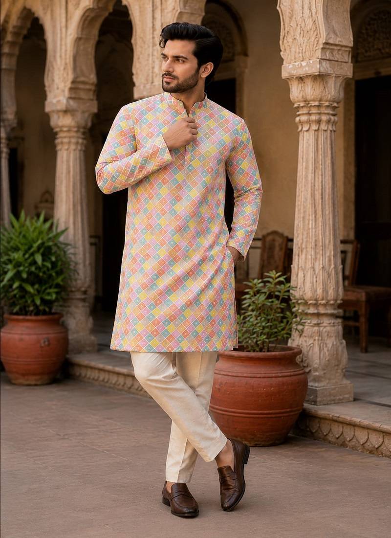 White color printed cotton kurta payjama set
