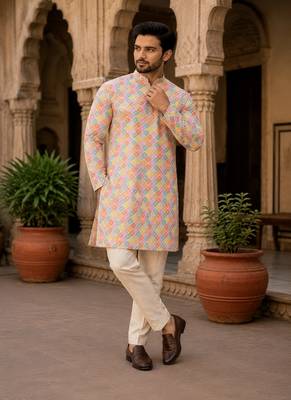 White color printed cotton kurta payjama set 5