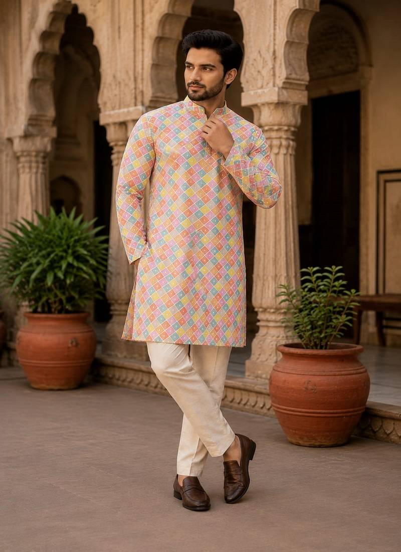 White color printed cotton kurta payjama set