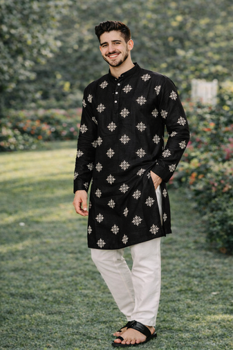 Black color mate copper sequence work parbon silk kurta payjama set
