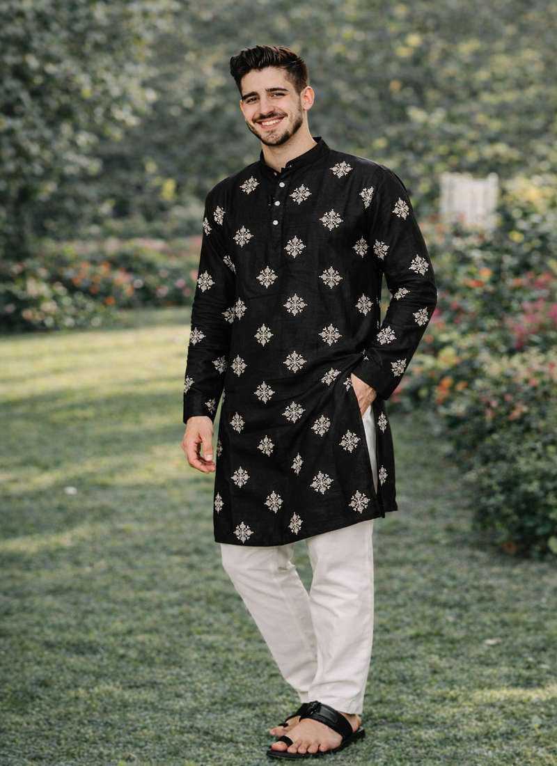 Black color mate copper sequence work parbon silk kurta payjama set