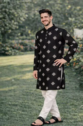 Black color mate copper sequence work parbon silk kurta payjama set