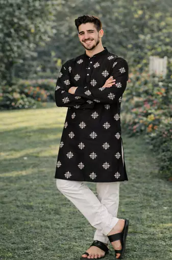Black color mate copper sequence work parbon silk kurta payjama set