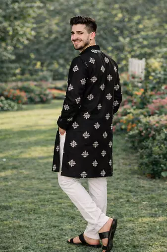 Black color mate copper sequence work parbon silk kurta payjama set