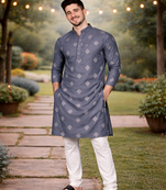Grey color mate copper sequence work parbon silk kurta payjama set