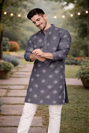 Grey color mate copper sequence work parbon silk kurta payjama set