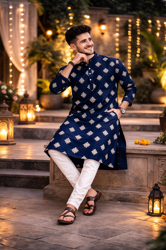 Navy blue color mate copper sequence work parbon silk kurta payjama set