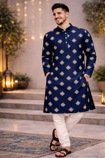 Navy blue color mate copper sequence work parbon silk kurta payjama set