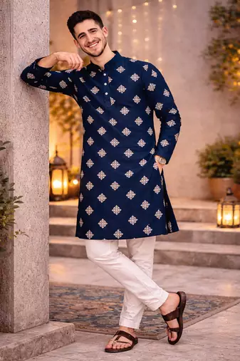 Navy blue color mate copper sequence work parbon silk kurta payjama set