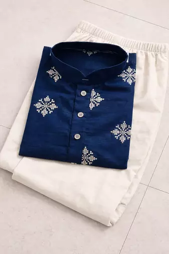Navy blue color mate copper sequence work parbon silk kurta payjama set