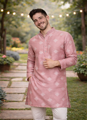 Pink color mate copper sequence work parbon silk kurta payjama set 1