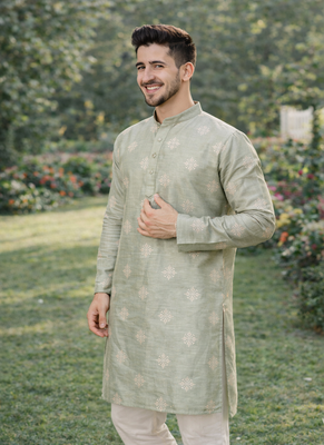 Pista color mate copper sequence work parbon silk kurta payjama set 1