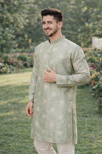 Pista color mate copper sequence work parbon silk kurta payjama set