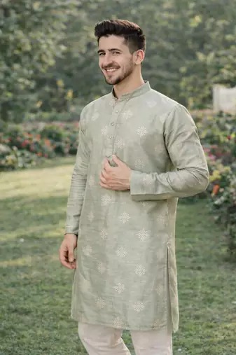 Pista color mate copper sequence work parbon silk kurta payjama set