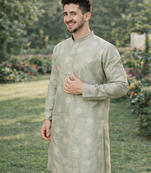 Pista color mate copper sequence work parbon silk kurta payjama set