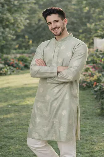 Pista color mate copper sequence work parbon silk kurta payjama set