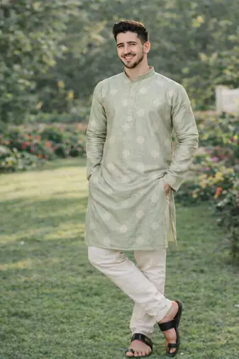 Pista color mate copper sequence work parbon silk kurta payjama set