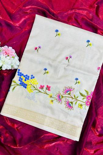 Offi White Color Golden zari border with floral printed  Silk Saree