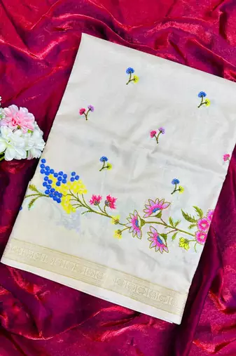 Offi White Color Golden zari border with floral printed  Silk Saree
