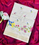 Offi White Golden Zari Border With Floral Printed Art Silk Saree