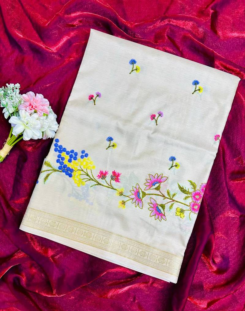 Offi White Color Golden zari border with floral printed  Silk Saree