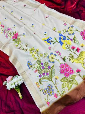 Offi White Color Golden zari border with floral printed  art silk saree 2