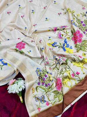 Offi White Color Golden zari border with floral printed  art silk saree 3